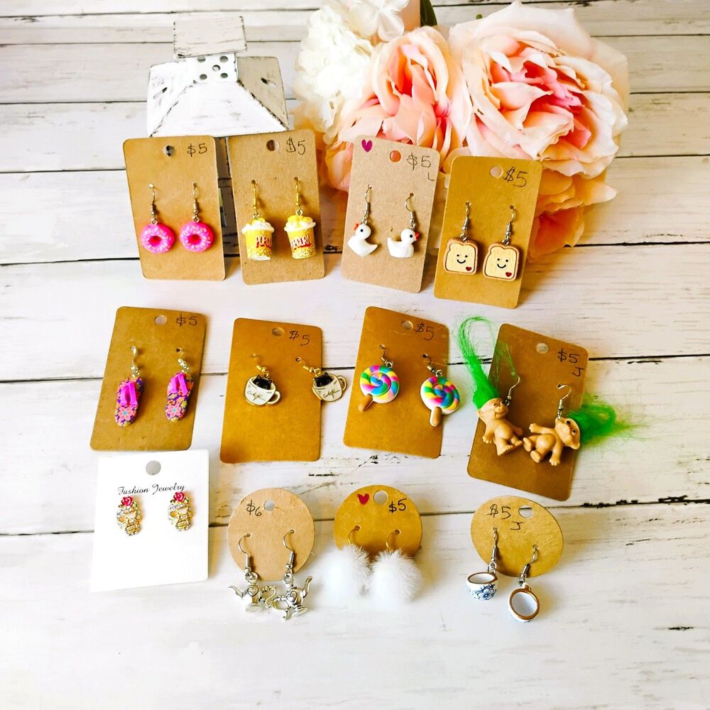 NEW 12 Novelty Earrings Lot Skulls, Toast, Duckies, Trolls, Tea Funky 3D FUN